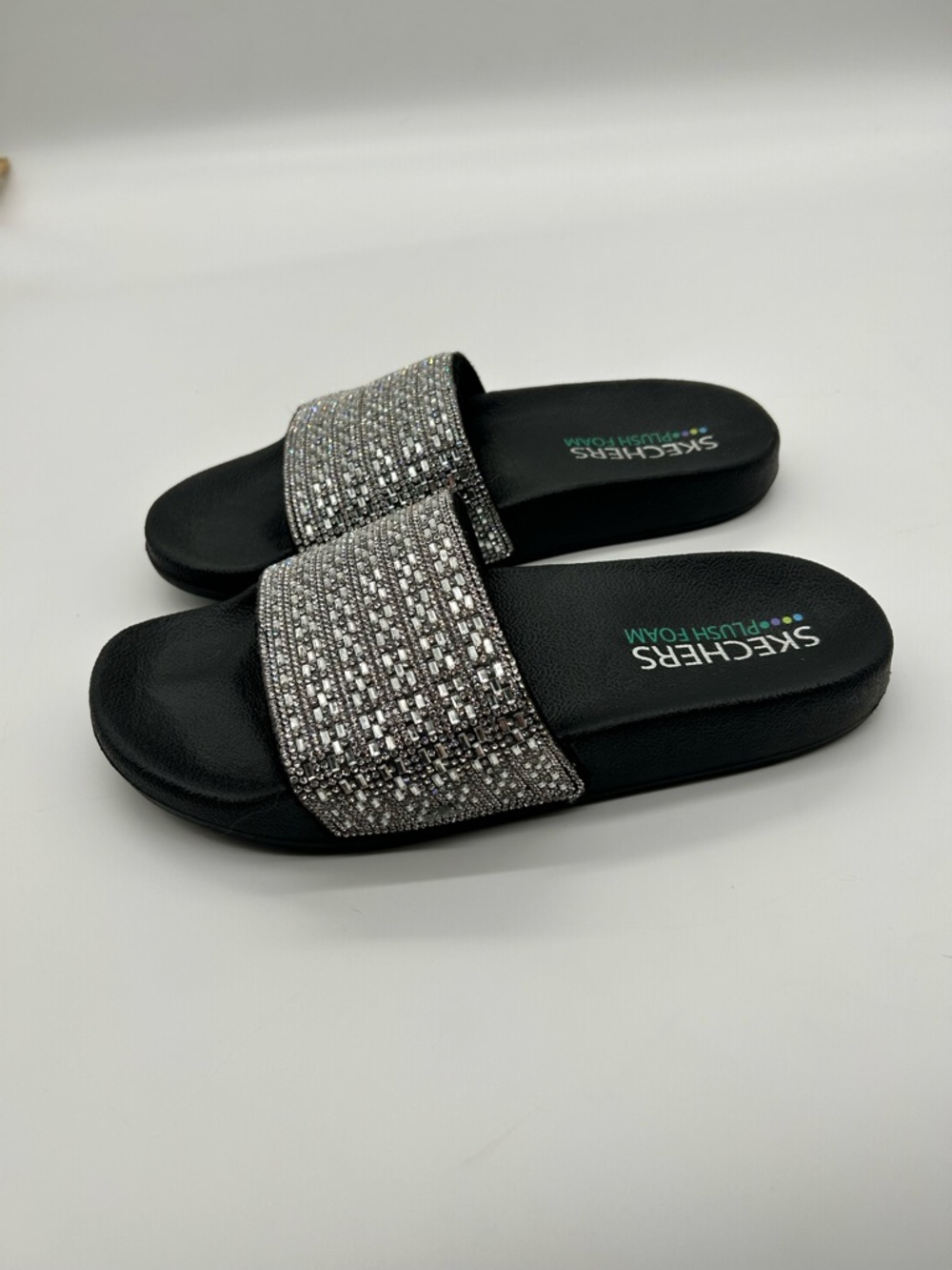 Skechers Women’s Black Slides with Silver Sparkle Strap - Picture 3 of 6